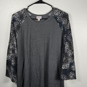 LuLaRoe Gray Top with Blue Floral Sleeves